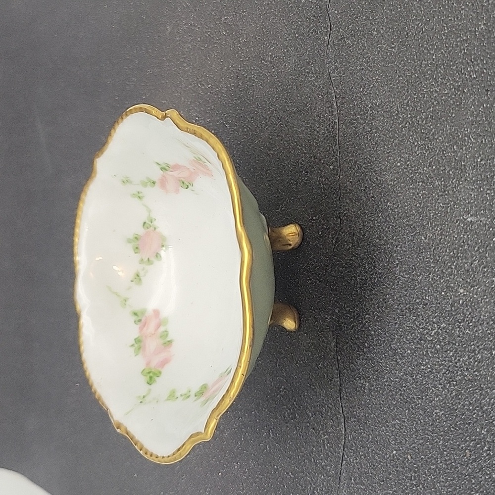 Pink Rose Green Footed Trinket Bowl with Gold Trim Jewelry Flowers Vintage